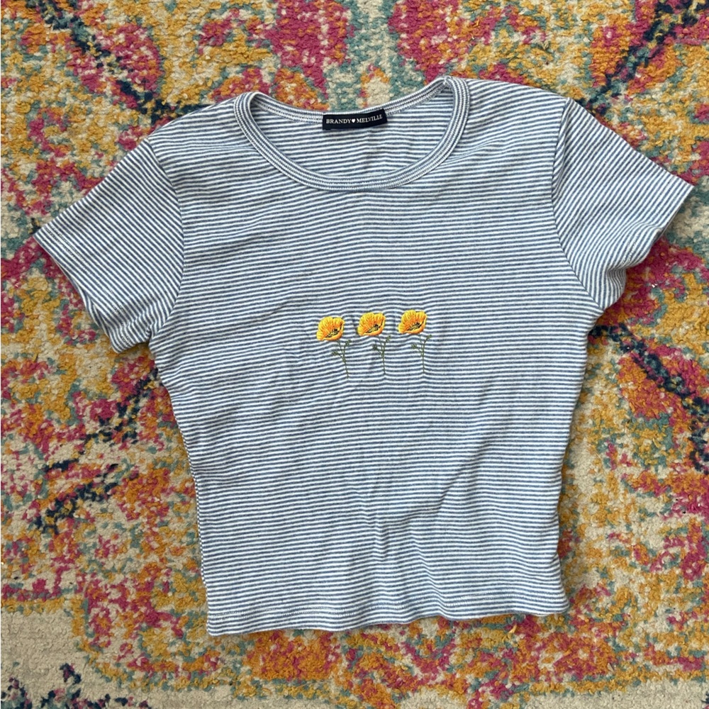 Brandy Melville Blue and White Striped Crop Top with Yellow Flower Embroidery